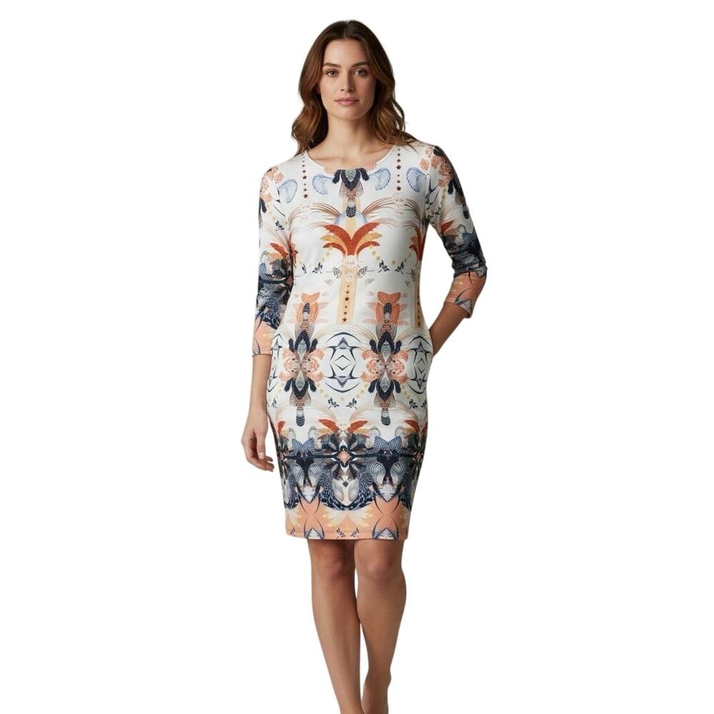 Jeanne-Pierre Kflia Daphne Dress White Multi-Color Parisian Style Print | EUC